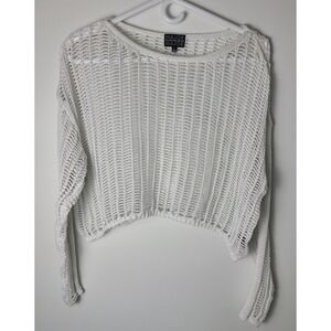 LG Major Label Group White Open Knit Cropped Sweater Boho Sheer Mesh Earthy Y2K